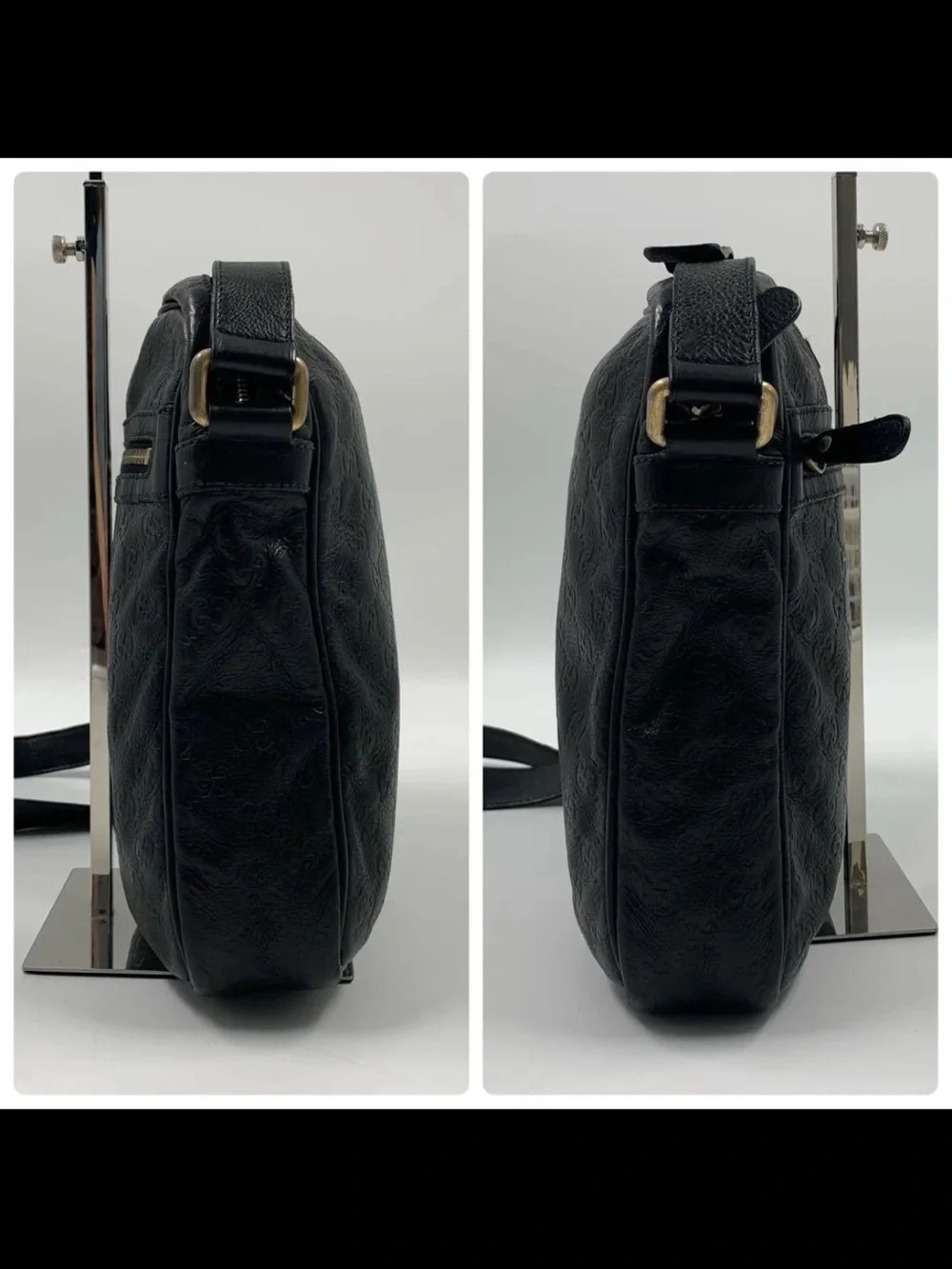 Gucci Black Embossed Leather Messenger Bag with Gold Hardware